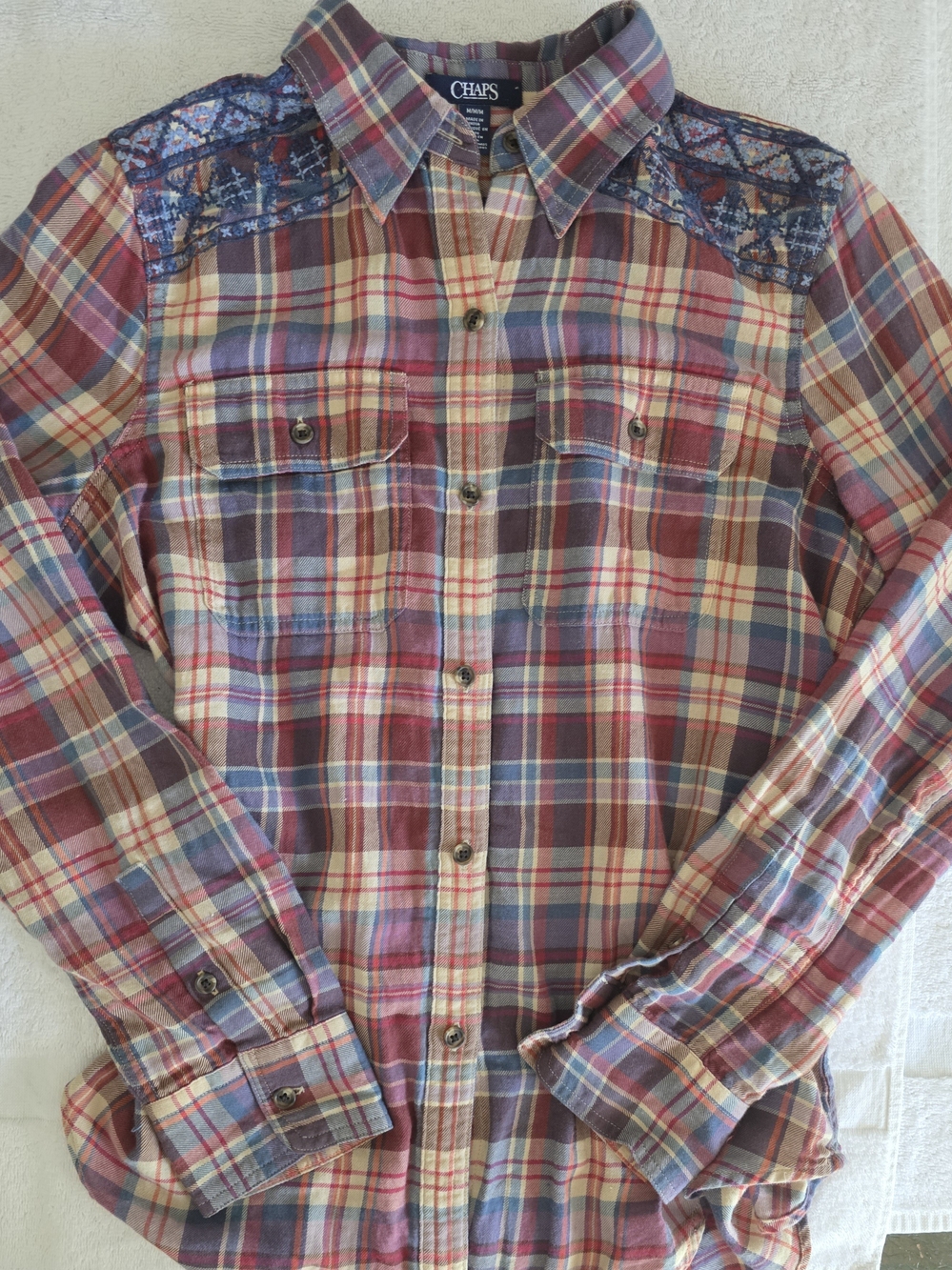 Chaps Women's Plaid Flannel Button Up Shirt Long Sleeve Embroidered Yoke